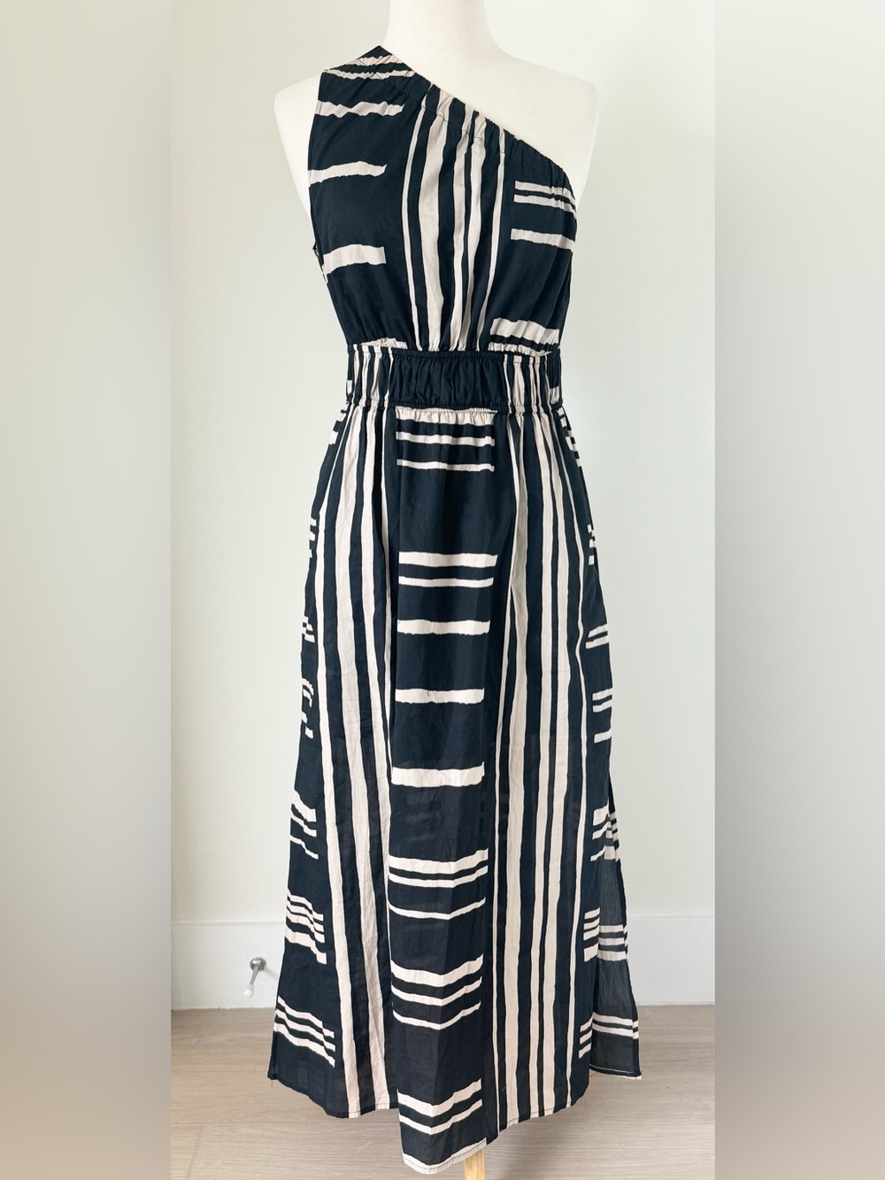 Rails Selani Island Stripe One Shoulder Midi Black Tan 100%Cotton Dress Small